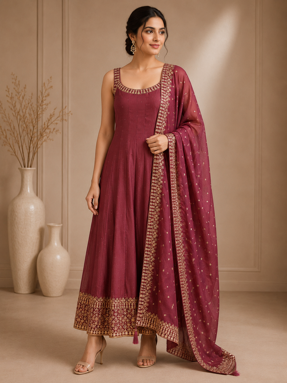 Premium Silk Anarkali Suit Set with Embroidered Organza Dupatta – Wine Purple