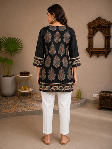 Black Paisley Print Silk Short Kurta