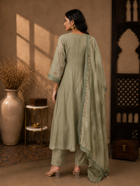 Premium Mul Chanderi Embroidered Kurta Set with Dupatta – Sage Green