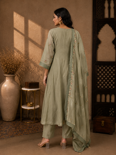 Premium Mul Chanderi Embroidered Kurta Set with Dupatta – Sage Green