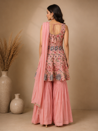 Peach Pink Silk Peplum Style Designer Gharara Suit with Dupatta