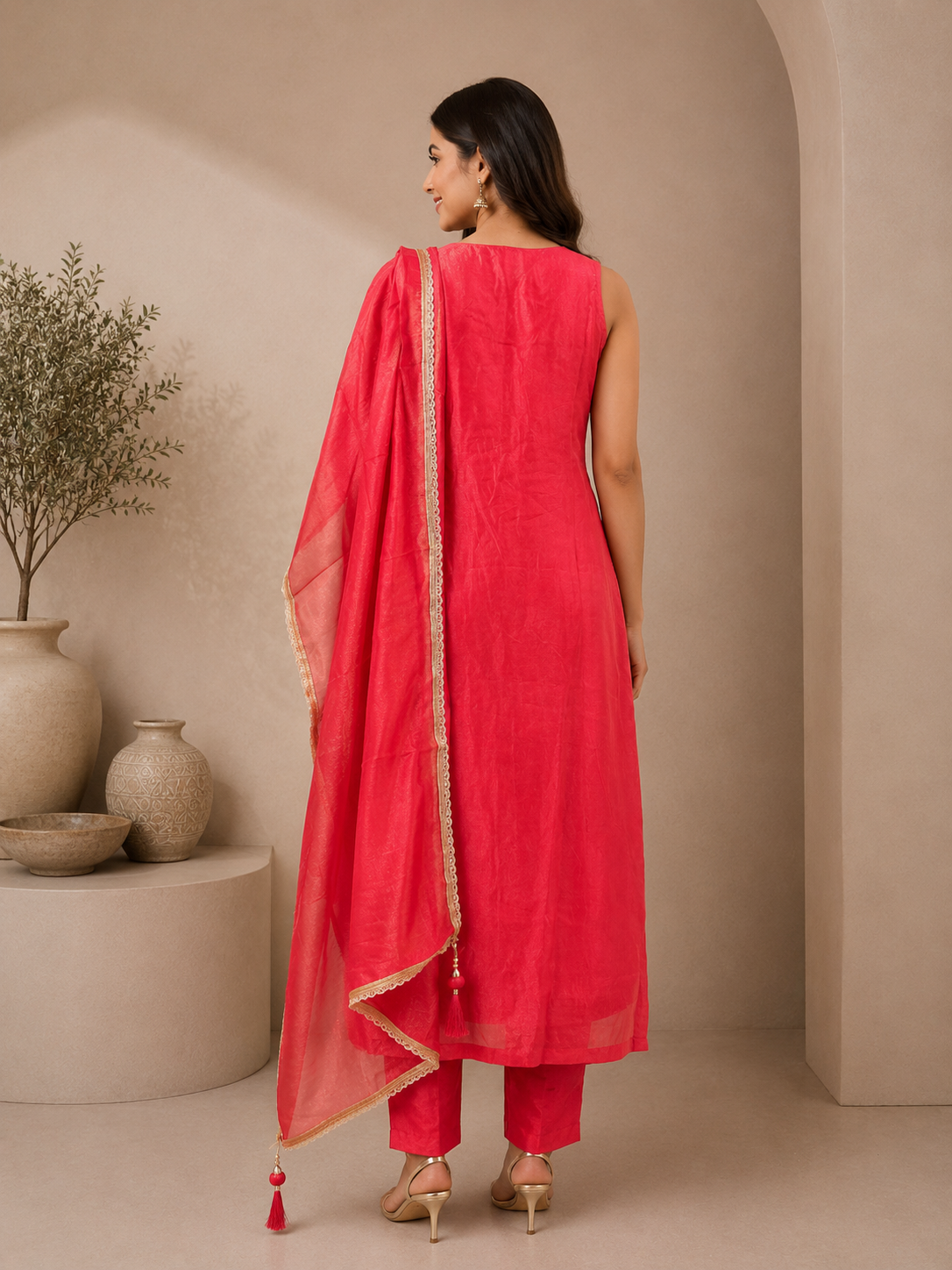 Coral Pink Tissue Silk Embroidered Designer Suit Set with Dupatta