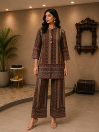 Black & Rust Printed Silk Blend Kurta Pant Set
