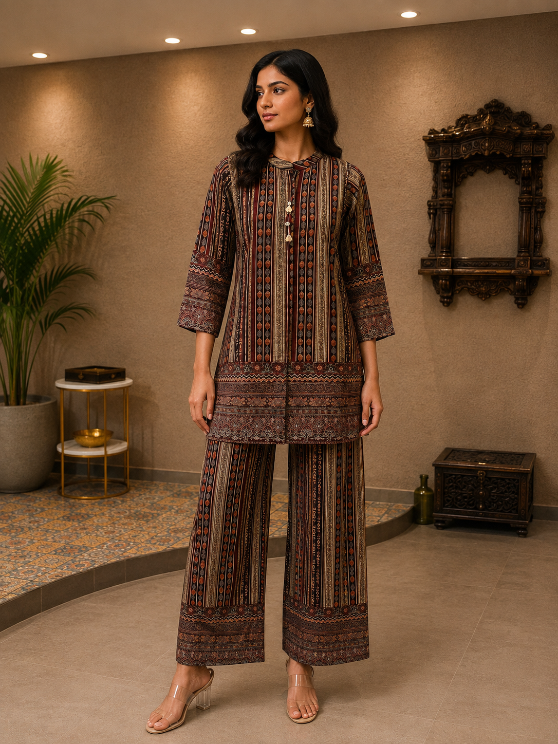 Black & Rust Printed Silk Blend Kurta Pant Set