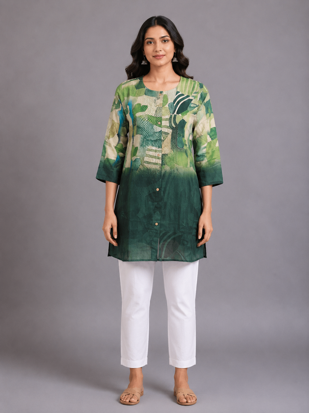 Forest Green Abstract Print Silk Long Top