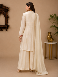 Ivory Chinnon Silk Embroidered Kurta Palazzo Set with Dupatta