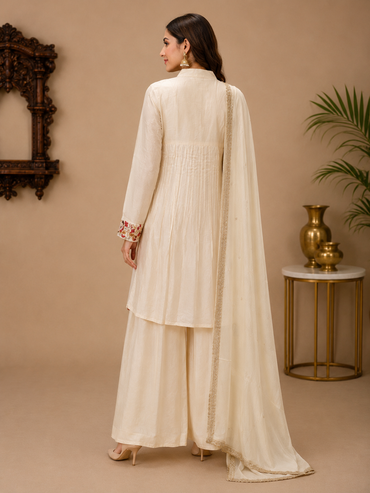 Ivory Chinnon Silk Embroidered Kurta Palazzo Set with Dupatta