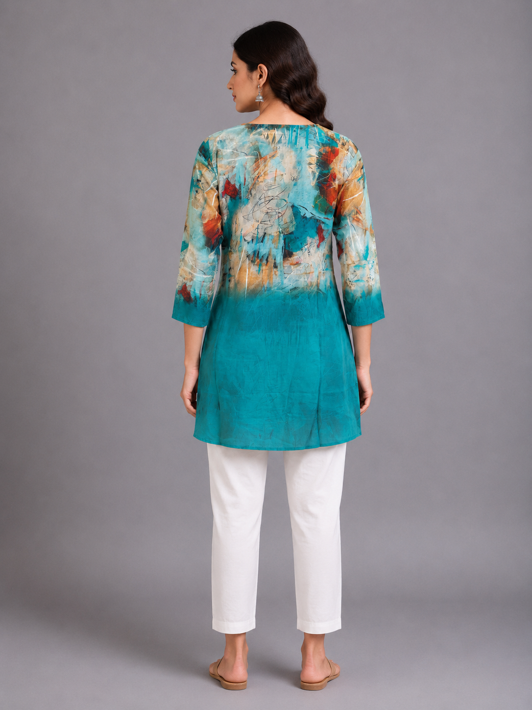 Teal Abstract Print Silk Long Top