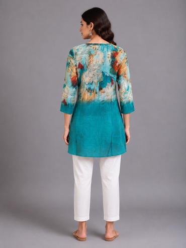 Teal Abstract Print Silk Long Top