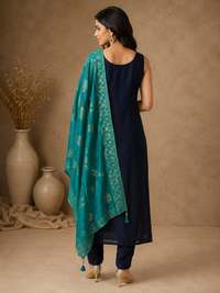 Navy Blue Silk Straight Cut Suit Set with Peacock Embroidery & Teal Silk Dupatta