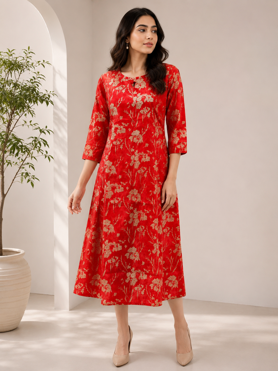Red Muslin Floral Printed A-Line Kurti Dress for Women