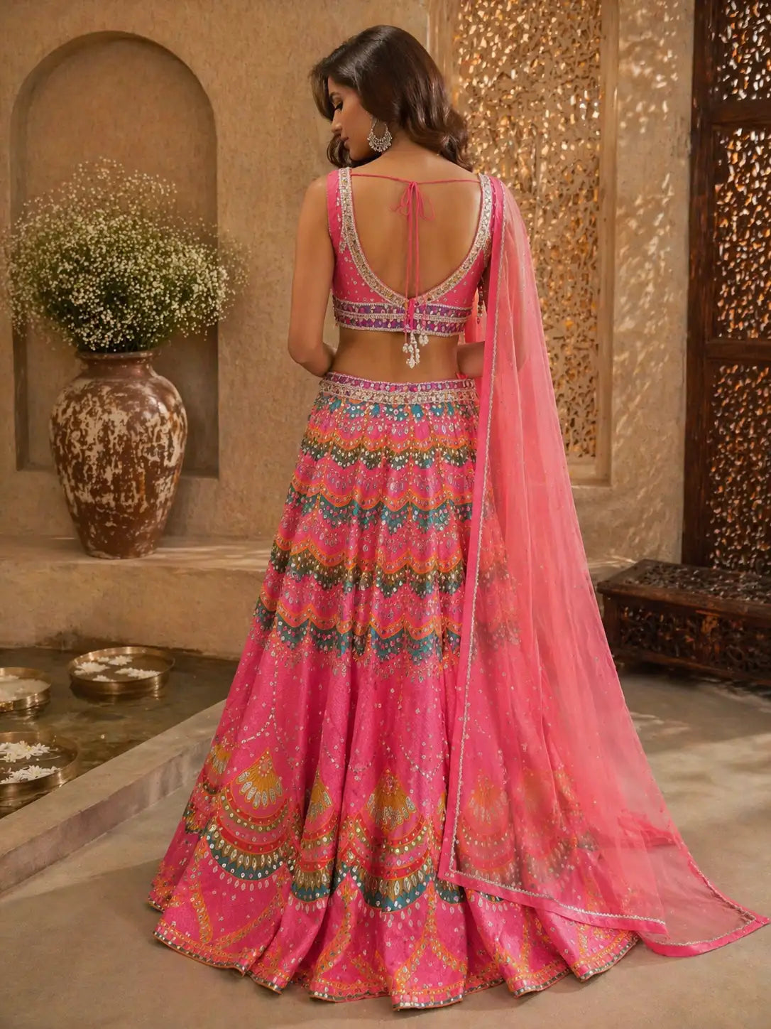Multicolor Pink Embroidered Festive Lehenga Set