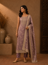 Lavender Banarasi Silk Floral Woven Kurta Set with Dupatta