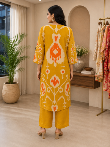 Women's Ikkat Print Chanderi Silk Kurta Pant Set with Dupatta