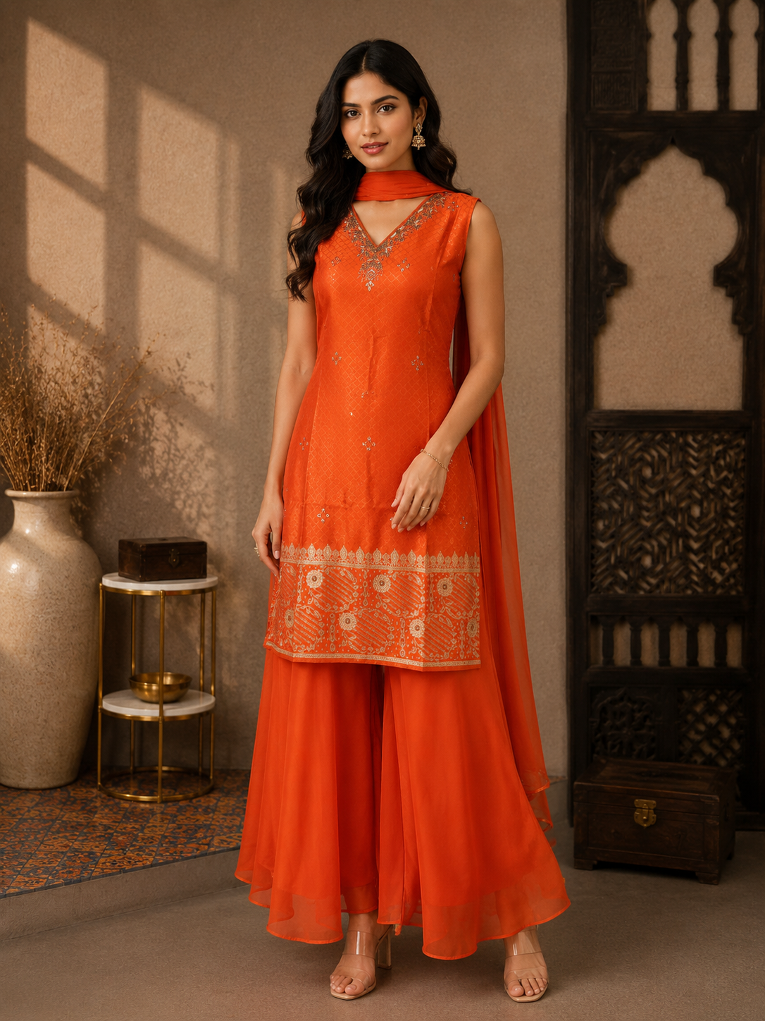 Premium Silk Kurta Set with Flared Palazzo & Organza Dupatta – Tangerine Orange