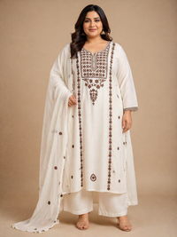 Classic White Embroidered Cotton Kurta Set with Dupatta (Plus Size Friendly)