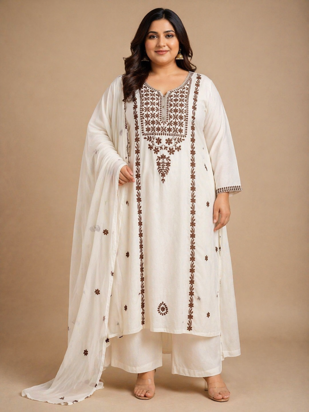 Classic White Embroidered Cotton Kurta Set with Dupatta (Plus Size Friendly)