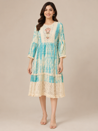 Imported Lycra Aqua Blue Printed Tiered Midi Dress for Women