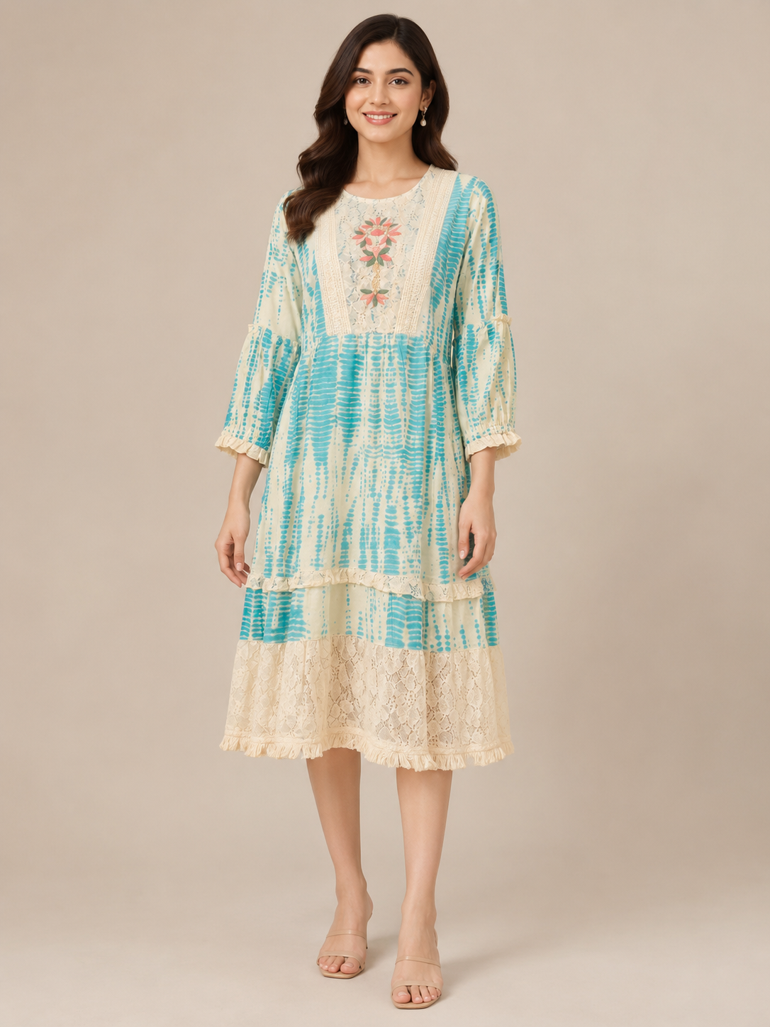 Imported Lycra Aqua Blue Printed Tiered Midi Dress for Women