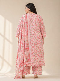 Soft Pink Floral Printed Cotton Kurta Set with Dupatta (Plus Size Friendly)