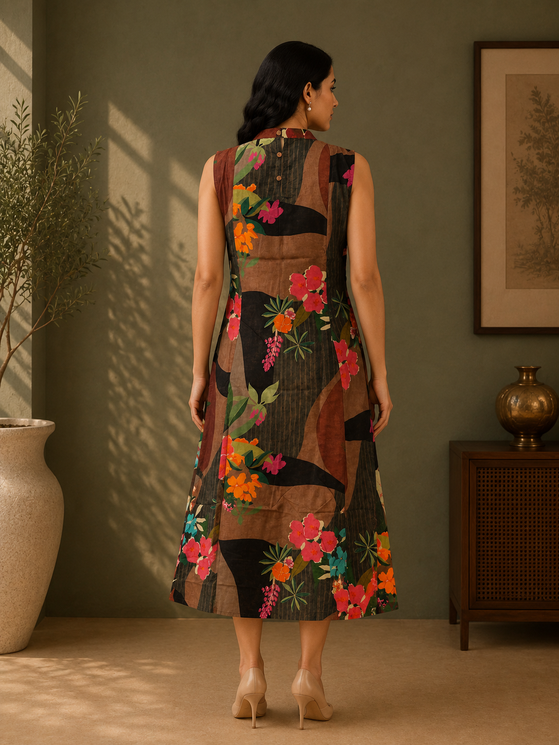 Brown Muslin Silk Floral Printed A-Line Dress for Women