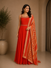 Orange Geogrette Designer Anarkali Gown with Embroidered Dupatta