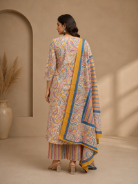 Multicolor Paisley Printed Cotton Kurta Set with Dupatta