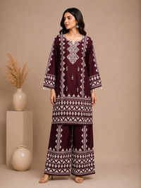 Wine Purple Ethnic Printed Rayon Kurta Set with Palazzo Pants