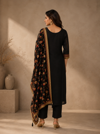 Black Vichitra Silk Embroidered Kurta Set with Floral Dupatta