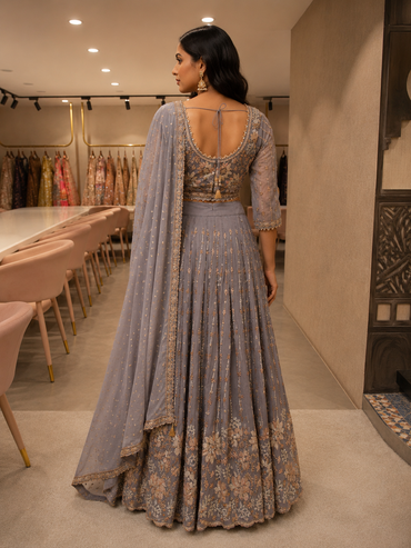 Dusty Lavender Embroidered Silk Lehenga Set