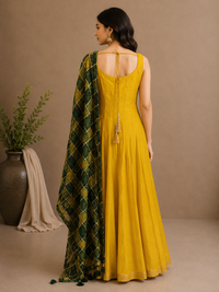 Mustard Yellow Vichitra Silk Anarkali with Printed Dupatta