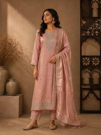 Soft Silk Embroidered Straight Kurta Set with Dupatta – Blush Pink