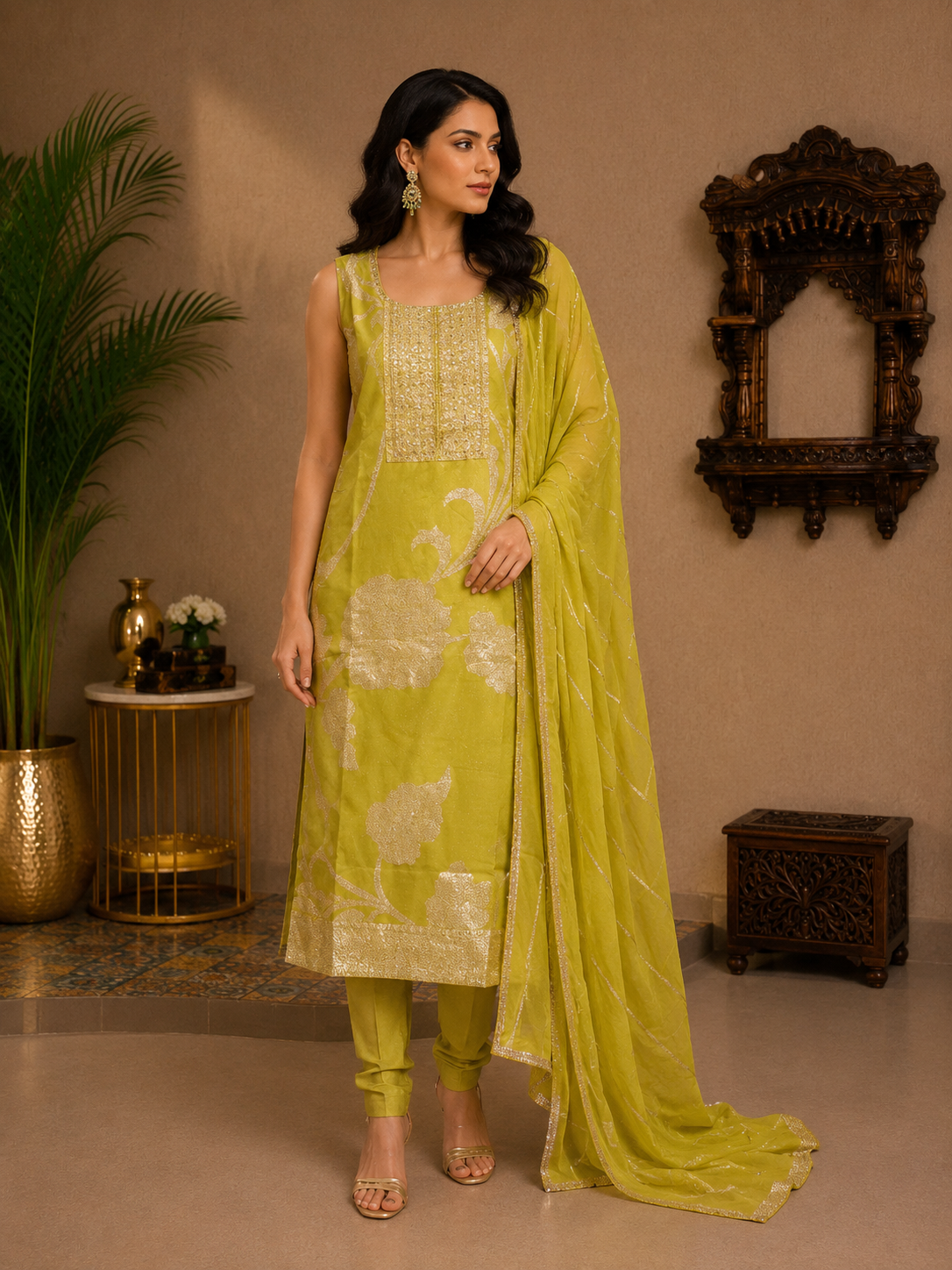 Women's Lime Green Tissue Silk Embroidered Kurta Pant Set with Dupatta