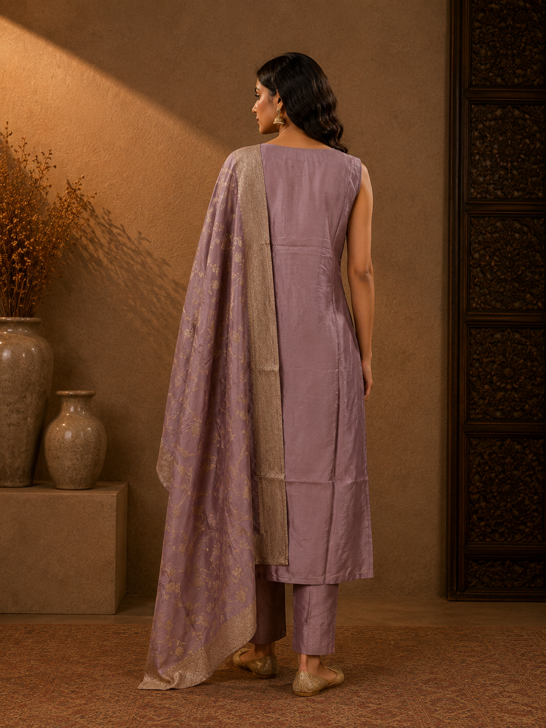 Lavender Banarasi Silk Floral Woven Kurta Set with Dupatta