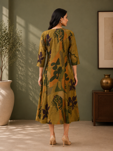 Olive Green Muslin Silk Abstract Printed A-Line Dress for Women
