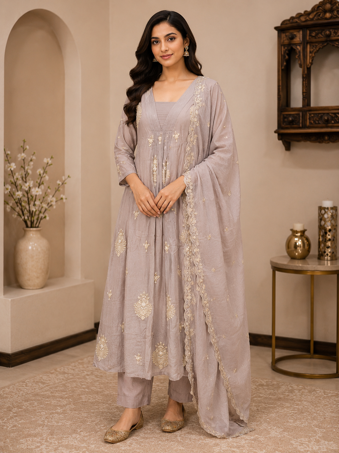 Dusty Lavender Chinnon Silk Embroidered Anarkali Suit Set with Dupatta