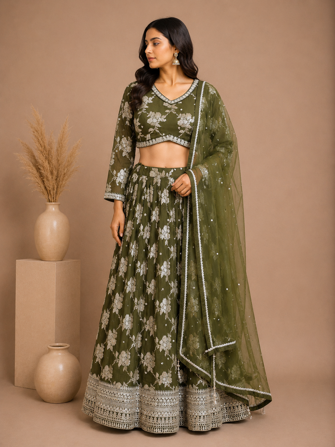Olive Green Banarasi Silk Lehenga Set with Dupatta
