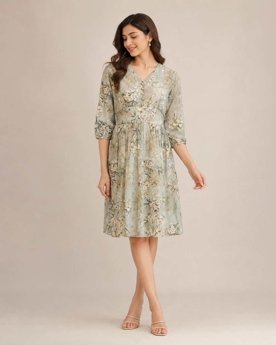 Imported Lycra Sage Green Floral Printed Fit & Flare Midi Dress for Women