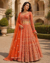 Royal Orange Embroidered Net Lehenga Set with Dupatta