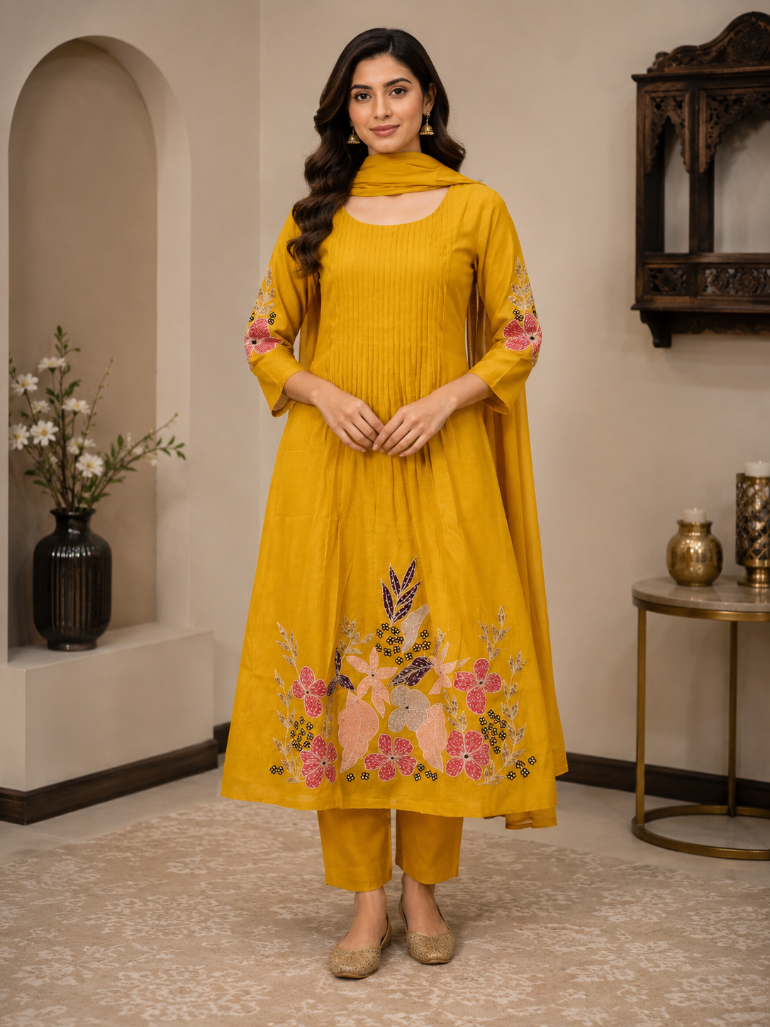 Mustard Mul Chanderi Floral Embroidered Kurta Pant Set with Dupatta