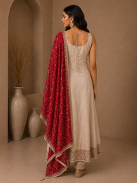 Premium Silk Anarkali Suit Set with Embroidered Organza Dupatta – Ivory & Crimson Red