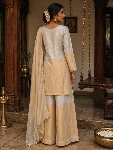 Ivory Gold Silk Kurta Set with Palazzo & Dupatta | Elegant Wedding & Festive Wear