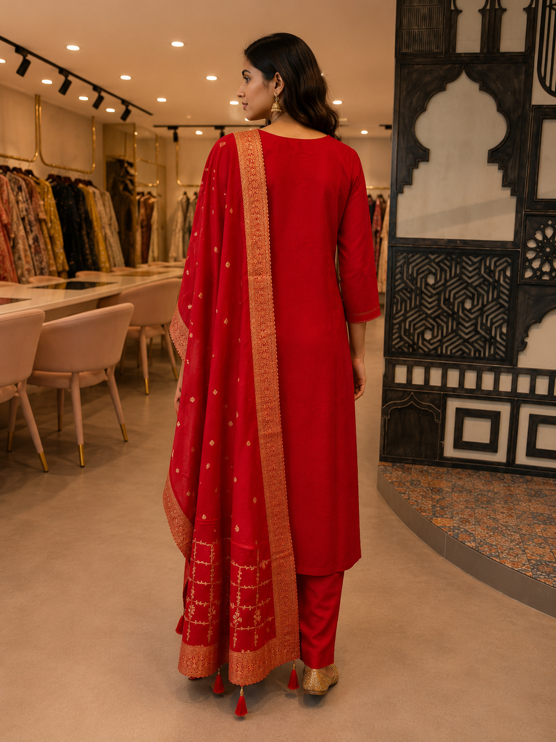 Crimson Red Banarasi Silk Embroidered Kurta Set with Matching Dupatta