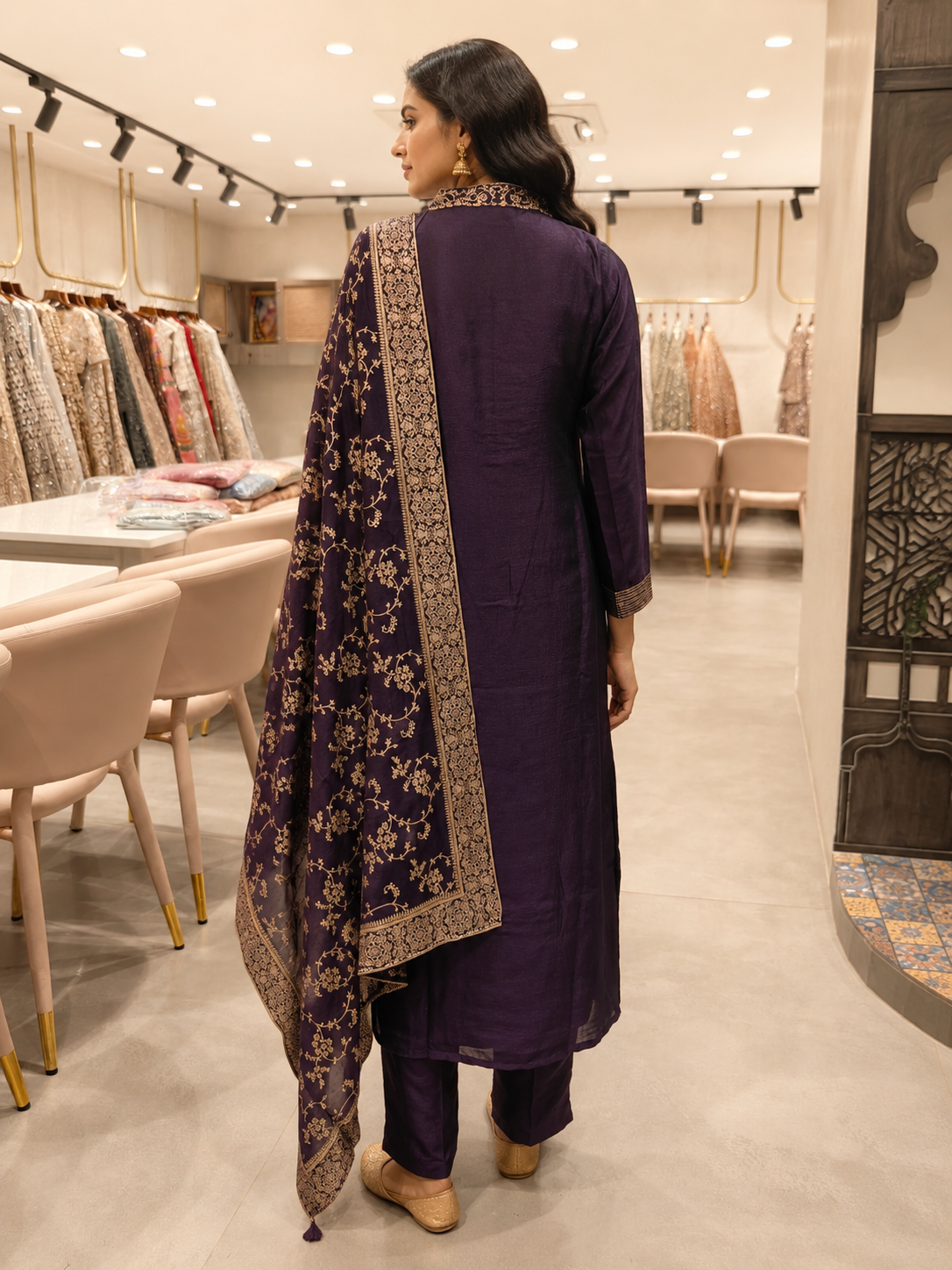 Deep Purple Vichitra Silk Straight Kurta Set with Woven Floral Dupatta