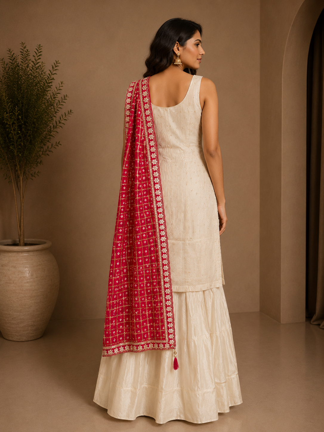 Ivory Silk Embroidered Sharara Suit with Pink Banarasi Dupatta