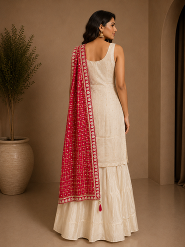 Ivory Silk Embroidered Sharara Suit with Pink Banarasi Dupatta