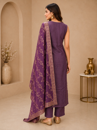 Royal Purple Vichitra Silk Embroidered Kurta Set with Jacquard Dupatta