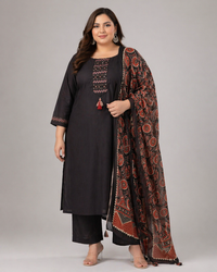Women's Black Solid Cotton Kurta Pant Set with Printed Dupatta