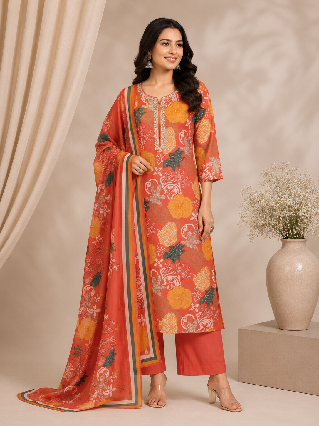 Coral Floral Printed Muslin Silk Kurta Set with Dupatta