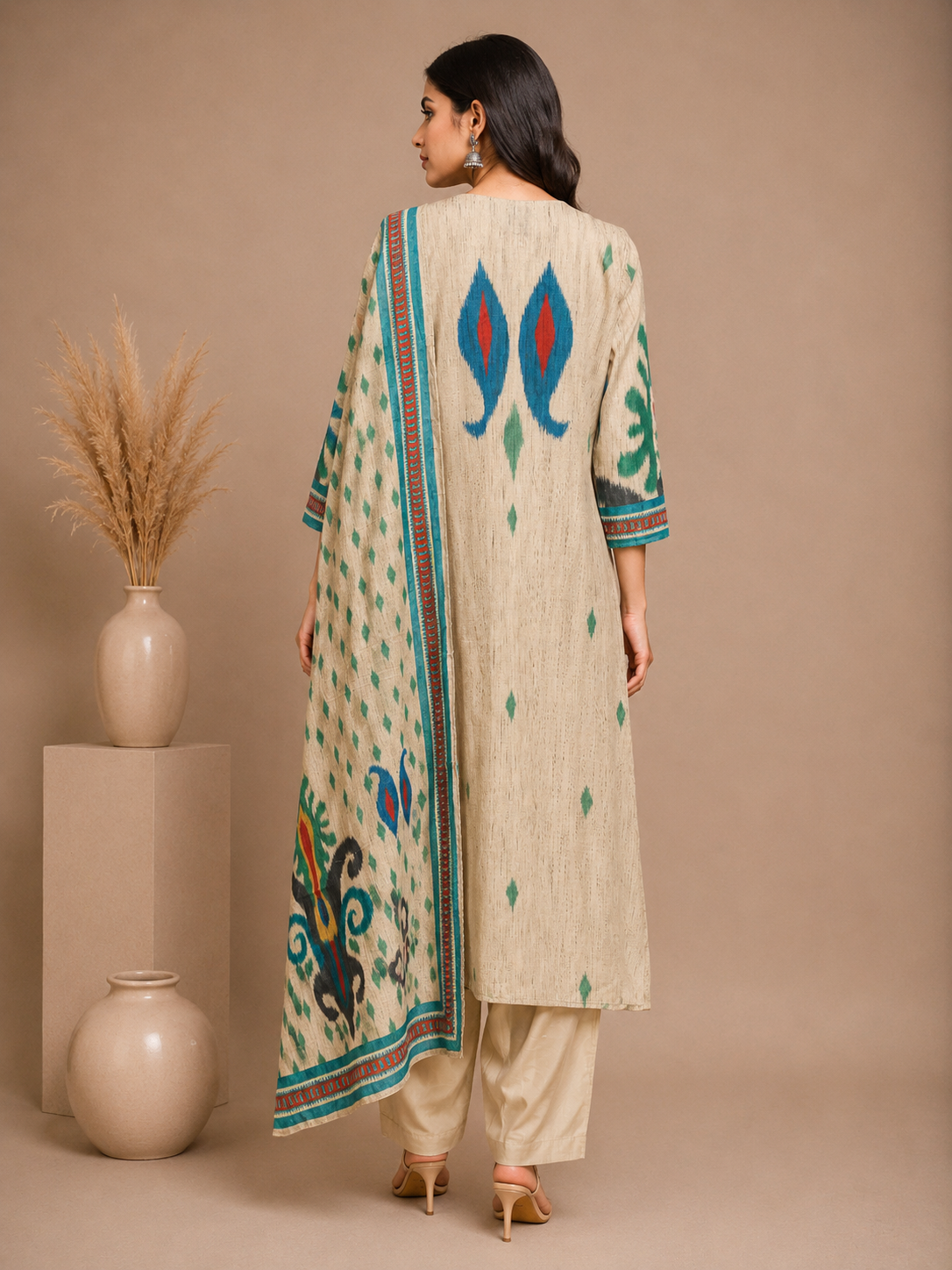 Women's Ikkat Print Chanderi Silk Kurta Pant Set with Dupatta
